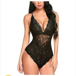 Avidlove BNWT Snap Crotch Lingerie Lace Bodysuit Deep V Teddy - BLACK S